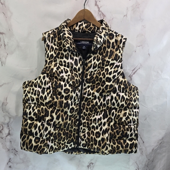 Lands End Vest Womens 2X Leopard Down Puffer Insulated Quilted Goose Puffy - Picture 1 of 10